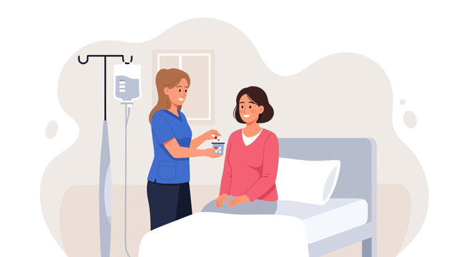 Nurse Administering Medicine to Patient in Hospital Bed