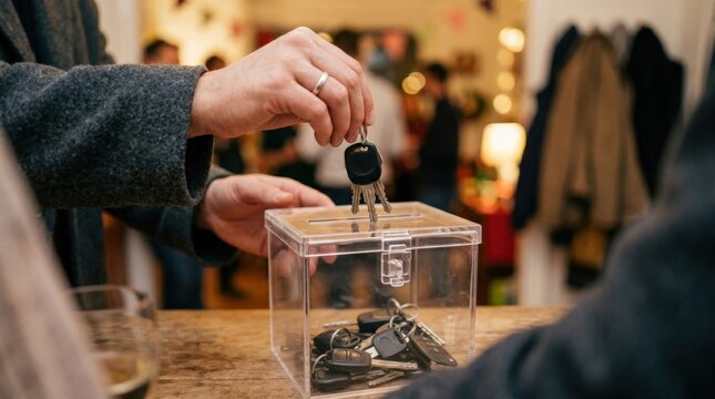 Hands placing car keys into transparent collection box at social event