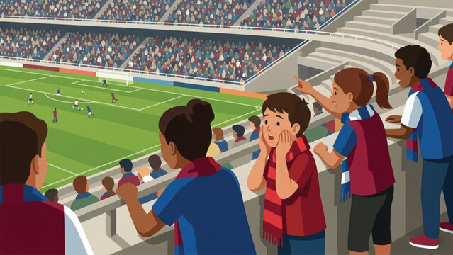 Group of young children and family watching a live football match from the stadium upper deck stands, excited kids looking down at the pitch during a soccer game vector illustration.