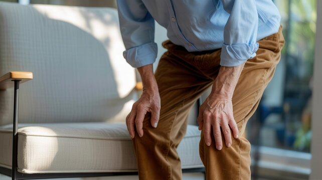 Senior man standing and holding his painful knees, suffering from joint pain or arthritis in a bright living room