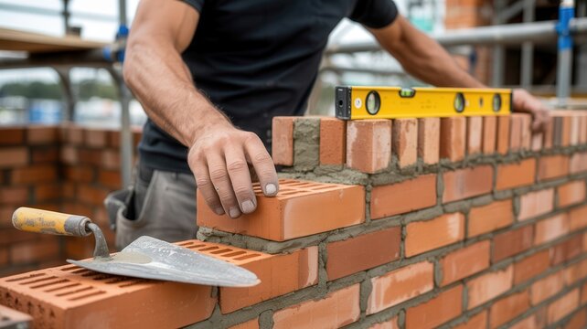 Bricklayer laying bricks on a construction site, closeup of hands with trowel and spirit level