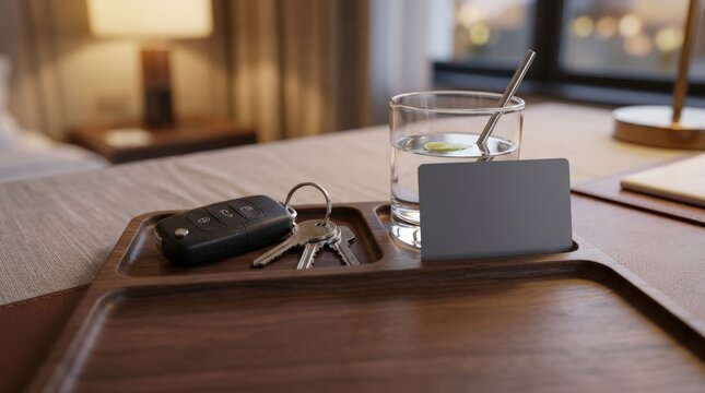 Hotel key tray with car keys, key card, and glass of water on bedside table