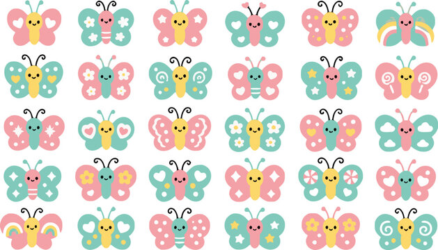 Seamless pattern of colorful cartoon butterflies on white background