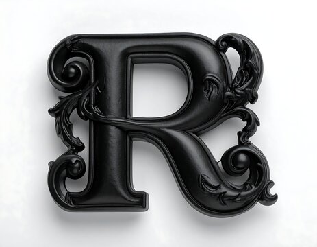 A large, ornate black capital letter with decorative swirls