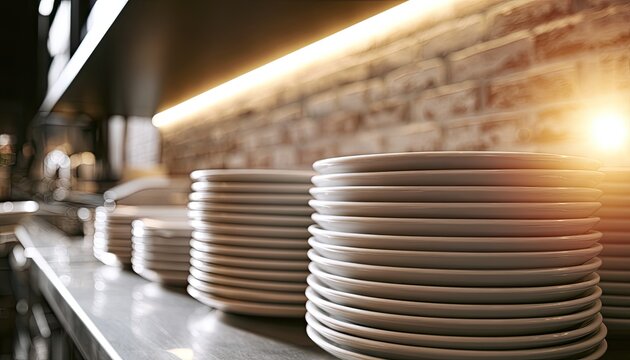 Stacks of clean white plates ready for service, bathed in warm light