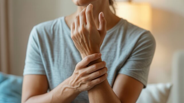 Close up of woman holding her painful wrist, suffering from carpal tunnel syndrome or tendonitis