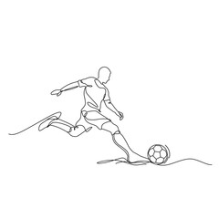 Naklejka premium Minimalist continuous one line drawing of a soccer player kicking a football. outline design with dynamic movement, perfect for posters, prints, t-shirts, logos, stickers, sports branding, wall art