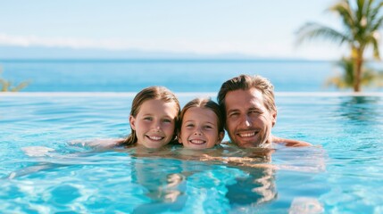 Obraz premium Family enjoying time together in infinity pool with ocean view, two children smiling alongside father, tropical palm trees in the background