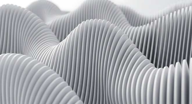 Abstract white parametric wave structure made of flowing layered vertical fins with abstract parametric architecture minimalist geometric structure background composition