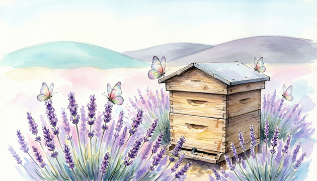 lavender field with a rustic wooden beehive 