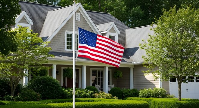 American flag flying in front of a beautiful suburban home with lush green yard and trees