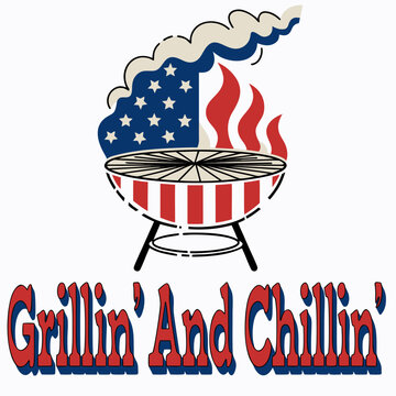 Grillin and chillin barbecue celebration with american flag smoke and festive text.