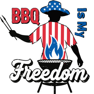 BBQ freedom illustration with grill master in american flag shirt and hat.