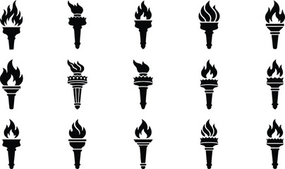 Burning Torch Icons Set with Flaming Fire Symbols for Sports Logos and Freedom Designs © parves5203