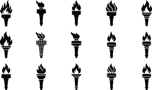 Burning Torch Icons Set with Flaming Fire Symbols for Sports Logos and Freedom Designs