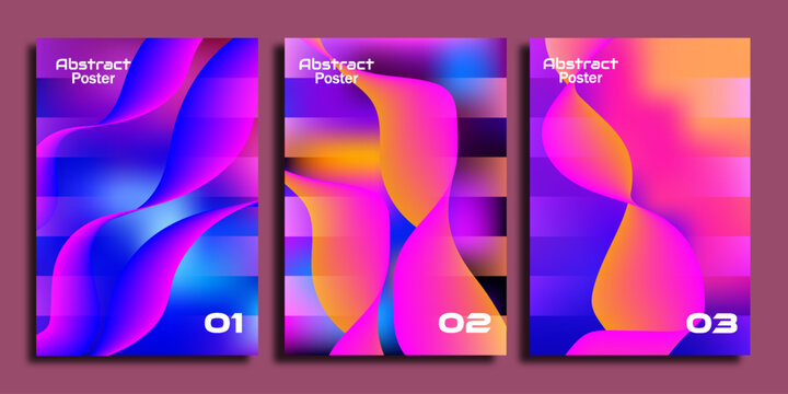 Vibrant abstract fluid shapes on three colorful poster designs with gradients and dynamic curves against a magenta backdrop