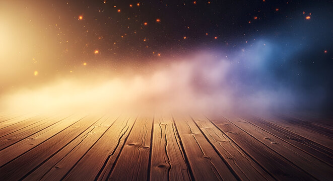 Spooky halloween background with wooden floor and mysterious smoke effects on a dark night