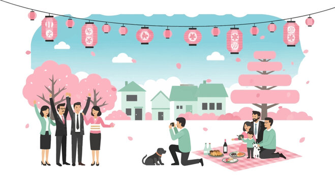 A group of people enjoying a spring picnic and taking photos under cherry blossom trees.