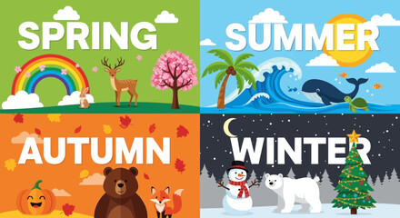 Fototapeta premium Four seasons illustration featuring animals and nature elements in a grid layout.