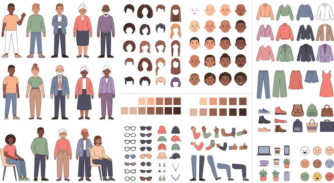 Diverse Character Creator Vector Kit Featuring Customizable People Avatars, Fashion Elements And Inclusive Human Design Parts.