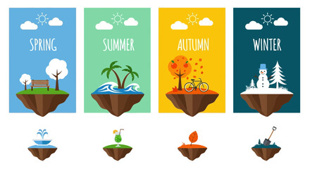 Four seasons concept illustration featuring floating islands with seasonal landscapes and weather icons. © Watirah_Martodimejo