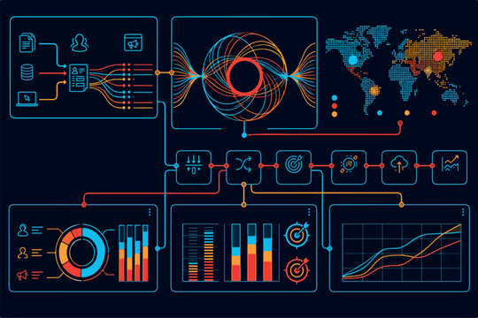 Intelligent Business Analytics Dashboard with Predictive Data Models and Interactive Visual Reports. Infographic with graph and chart on abstract background