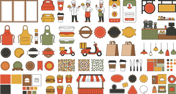 Modern Fast Food Branding Vector Collection Featuring Restaurant Packaging, Caf&eacute; Elements And Street Food Business Accessories.