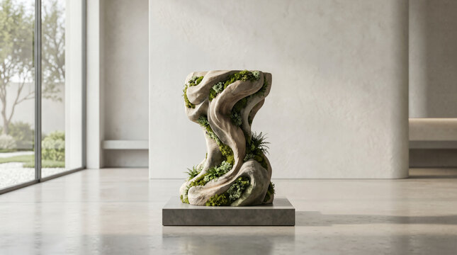 Abstract organic stone sculpture with green moss and ferns displayed on a plinth in a minimalist modern gallery interior with natural light