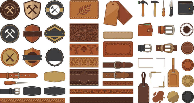 Vintage Leather Craft Vector Collection Featuring Handmade Labels, Rustic Belt Elements And Artisan Workshop Decorative Badges.