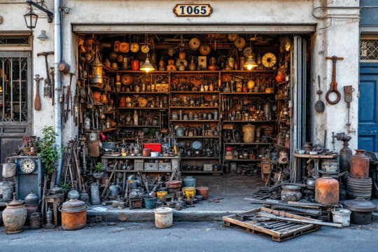 Exterior of a cluttered workshop with various tools and objects crammed inside and outside