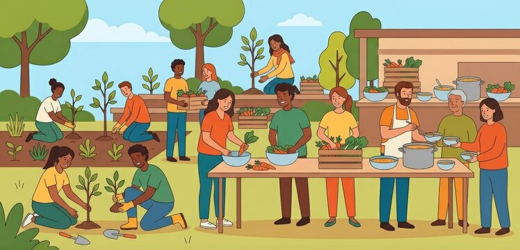 Community volunteers gardening, harvesting vegetables, and serving food outdoors