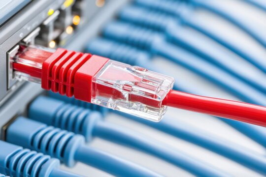 Red ethernet cable connected to a network switch among multiple blue cables, showcasing a close-up view of data connectivity in a technology environment