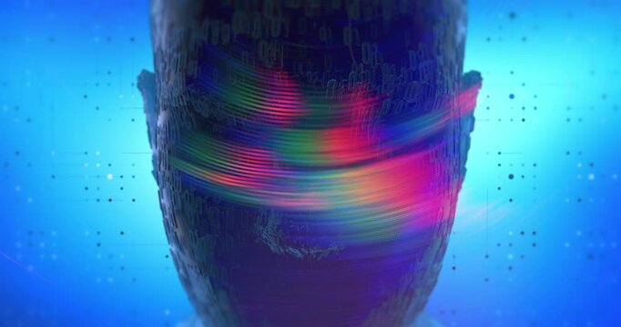 Abstract cyber space background featuring slowly moving glowing cyborg head. Loopable Abstract Background Animation.