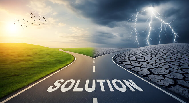 Conceptual split road showing from nature to climate change destruction