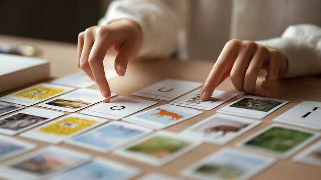 Hands pointing at picture flashcards with simple words spread across a desk in soft even light illustrating a language learning lesson in close-up detail