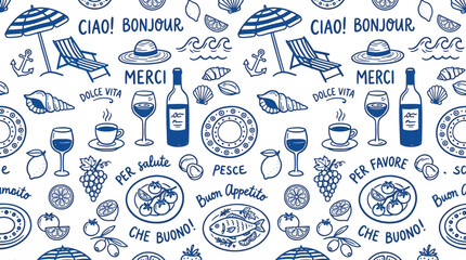 Seamless pattern with Mediterranean beach vacation icons Italian food blue wine glass umbrella and summer holiday elements vector illustration © Kanon Islam