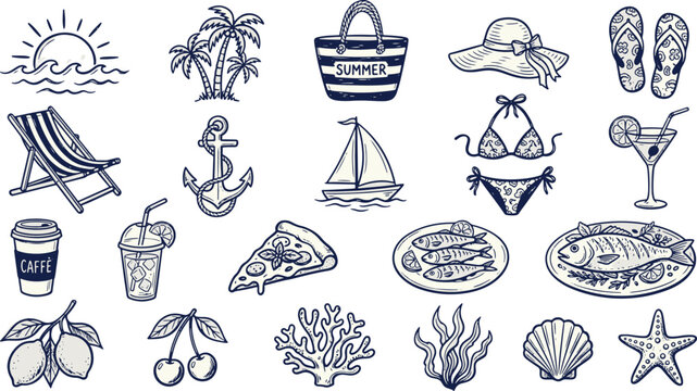 Summer beach vacation line icon set featuring tropical elements seafood cocktails and holiday travel items for seasonal design vector illustration
