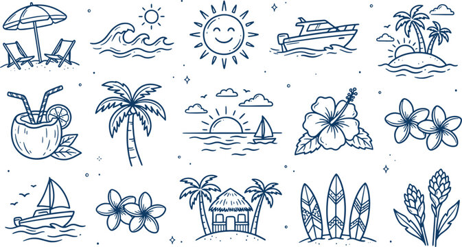 Minimalist blue and white line icons representing various technology security software development data analysis and cloud computing concept vector illustration
