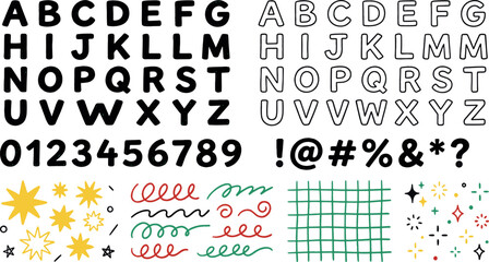 Hand drawn alphabet set with solid black letters outline typography numbers symbols grid textures stars and colorful scribbles vector illustration © Kanon Islam