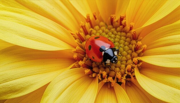 Top View Macro Ladybug on Yellow Flower Pistil