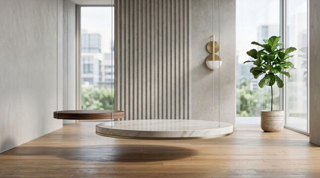 Modern Minimalist Interior with Suspended Marble and Wood Podiums for Product Display, Bright Room with City View Windows and Fiddle Leaf Fig Plant