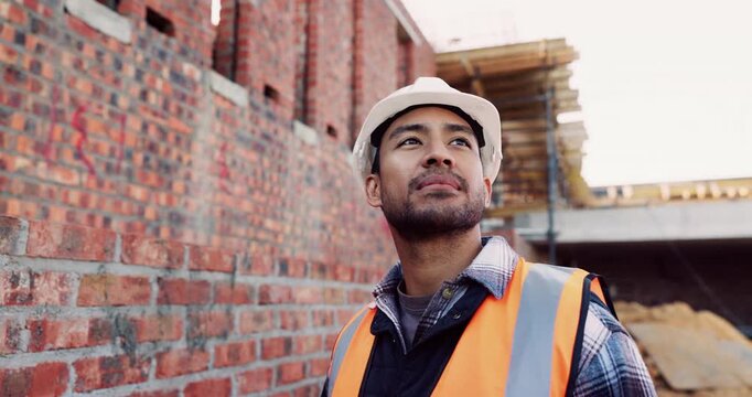 Inspection, architect and man at construction site for thinking, development or building project. Reflection, engineer planning and person with architecture, thoughts and problem solving outdoor