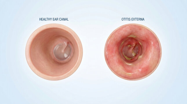 Otitis Externa Infection and Healthy Ear Canal Internal Anatomy Diagram
