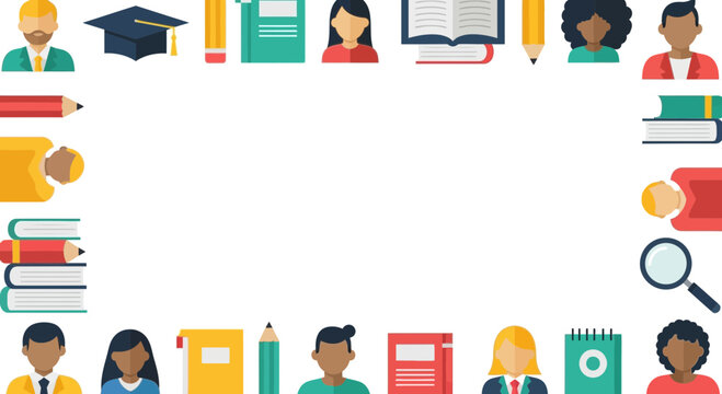 Education Concept Frame with Books, Pencils, Graduation Cap, and People Icons