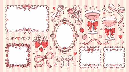 Cute coquette aesthetic pink elements set with romantic vintage frames lace ribbons roses strawberries and cocktail glasses vector illustration © Kanon Islam