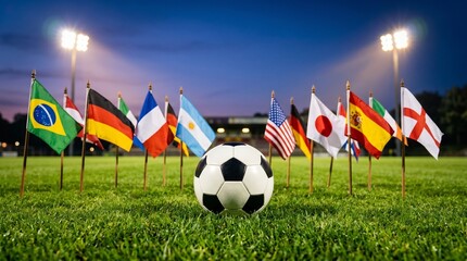 Fototapeta premium Soccer ball on green field with international flags under stadium lights at dusk