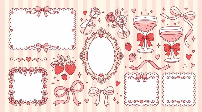 Cute coquette aesthetic pink elements set with romantic vintage frames lace ribbons roses strawberries and cocktail glasses vector illustration