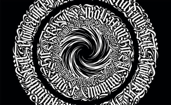 Intricate circular gothic calligraffiti calligraphy mandala with abstract swirling vortex center and dark ornate geometric lettering design elements vector illustration