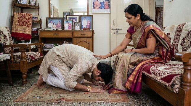 Indian young man touching his mother's feet for blessings during Raksha Bandhan festival celebration, son seeking blessing charan sparsh ritual from parent at traditional home interior