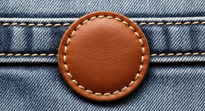 A close-up view of a blank brown circular leather patch stitched onto blue denim fabric, suitable for a logo mockup or brand identity design presentation.
